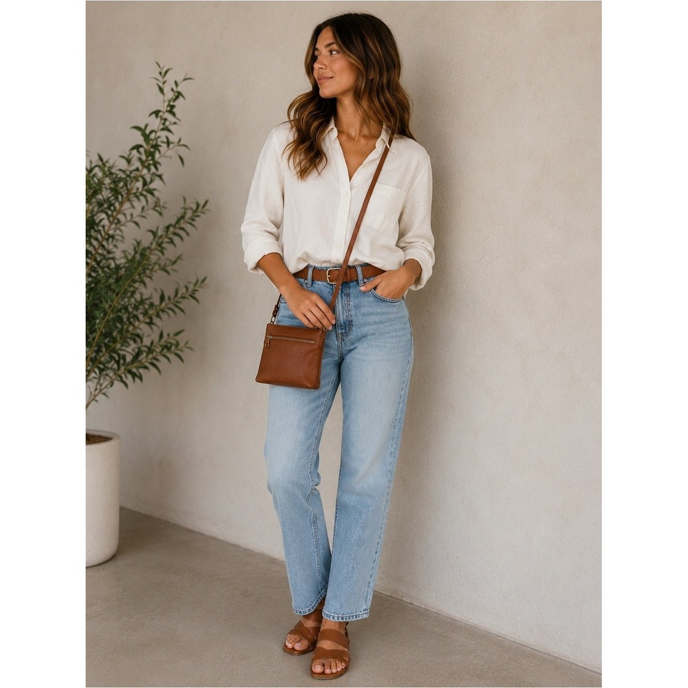 Universal Thread Cognac Brown Faux Leather‎ Crossbody Bag Zip Top Minimalist